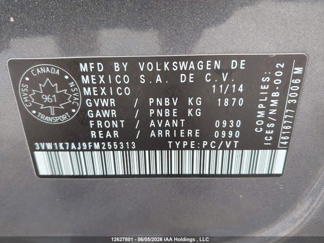 2015 Volkswagen Jetta 2.0l Trendline/2.0l Trendline+ მანქანა იყიდება აუქციონზე, vin: 3VW1K7AJ9FM255313, აუქციონის ნომერი: 12627801