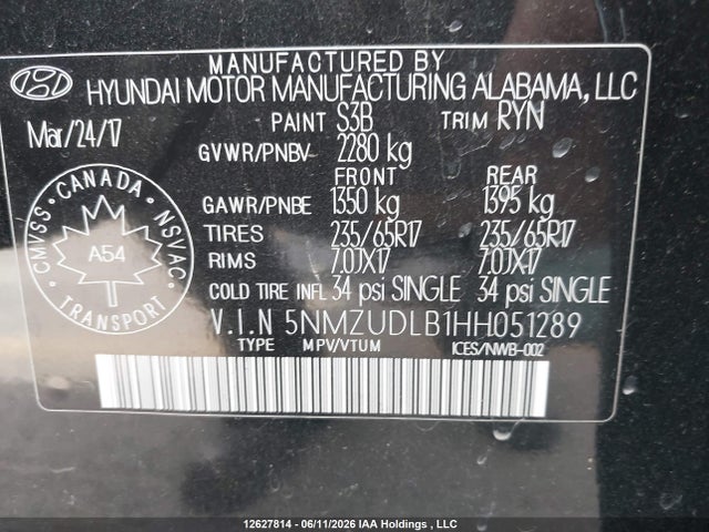 12627814 :رقم المزاد ، 5NMZUDLB1HH051289 vin ، 2017 Hyundai Santa Fe Sport 2.4 Premium مزاد بيع