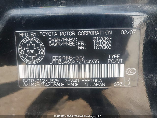 Aukcja sprzedaży 2007 Lexus Es 350 350, vin: JTHBJ46GX72104235, numer aukcji: 12627827