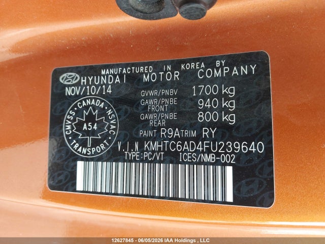 2015 Hyundai Veloster მანქანა იყიდება აუქციონზე, vin: KMHTC6AD4FU239640, აუქციონის ნომერი: 12627845