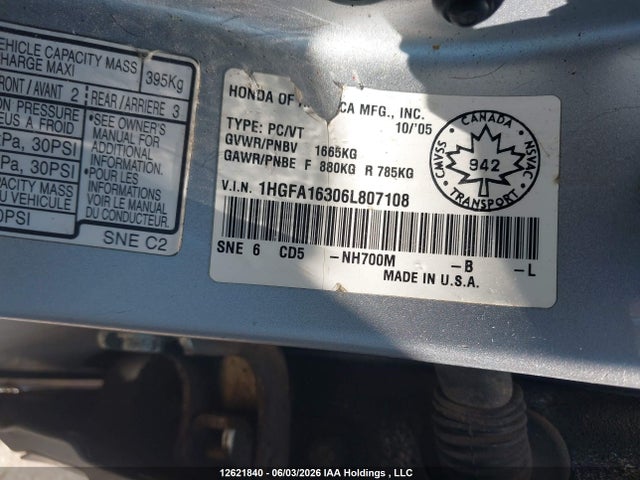 Продаж на аукціоні авто 2006 Honda Civic Dx-g, vin: 1HGFA16306L807108, номер лоту: 12621840