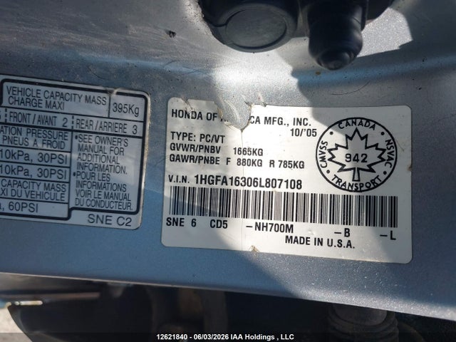Продаж на аукціоні авто 2006 Honda Civic Dx-g, vin: 1HGFA16306L807108, номер лоту: 12621840