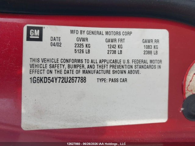 12627860 :رقم المزاد ، 1G6KD54Y72U267788 vin ، 2002 Cadillac Deville مزاد بيع