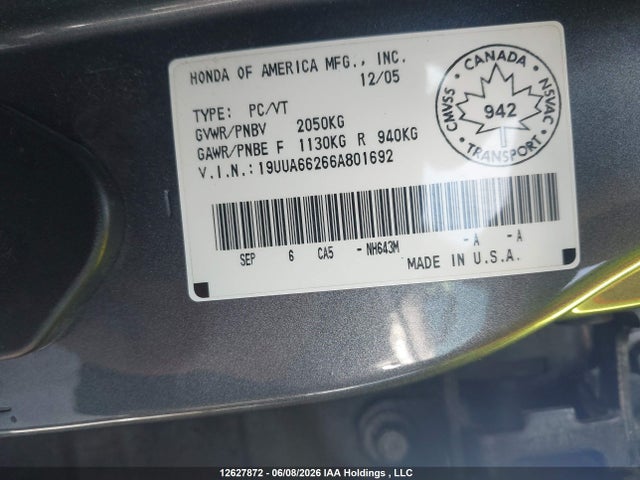 Продаж на аукціоні авто 2006 Acura 3.2tl, vin: 19UUA66266A801692, номер лоту: 12627872