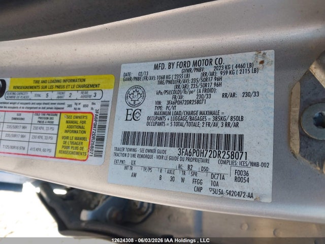 Продажа на аукционе авто 2013 Ford Fusion Se, vin: 3FA6P0H72DR258071, номер лота: 12624308