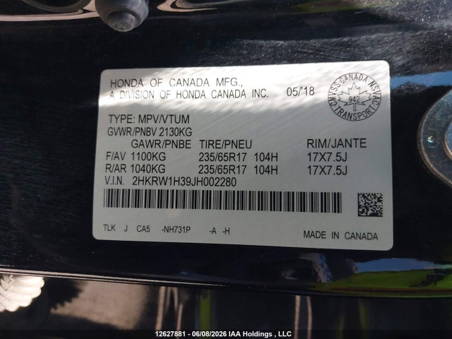 Продажа на аукционе авто 2018 Honda Cr-v, vin: 2HKRW1H39JH002280, номер лота: 12627881