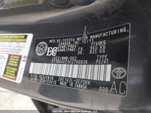 2012 Toyota Corolla Ce მანქანა იყიდება აუქციონზე, vin: 2T1BU4EE0CC760836, აუქციონის ნომერი: 12627885