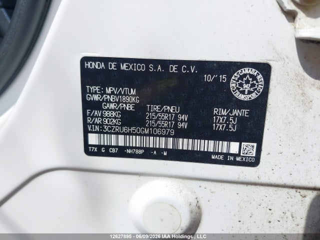 Продаж на аукціоні авто 2016 Honda Hr-v, vin: 3CZRU6H50GM106979, номер лоту: 12627895
