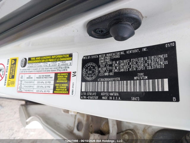 12627898 :رقم المزاد ، 4T3BA3BB6AU011278 vin ، 2010 Toyota Venza مزاد بيع