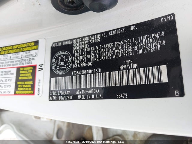 12627898 :رقم المزاد ، 4T3BA3BB6AU011278 vin ، 2010 Toyota Venza مزاد بيع