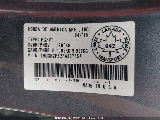 Продаж на аукціоні авто 2015 Honda Accord Sport, vin: 1HGCR2F52FA807657, номер лоту: 12627903