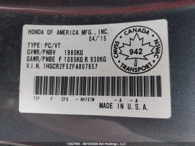 Продаж на аукціоні авто 2015 Honda Accord Sport, vin: 1HGCR2F52FA807657, номер лоту: 12627903