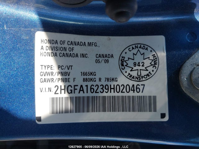 Продаж на аукціоні авто 2009 Honda Civic Dx/dx-a, vin: 2HGFA16239H020467, номер лоту: 12627905