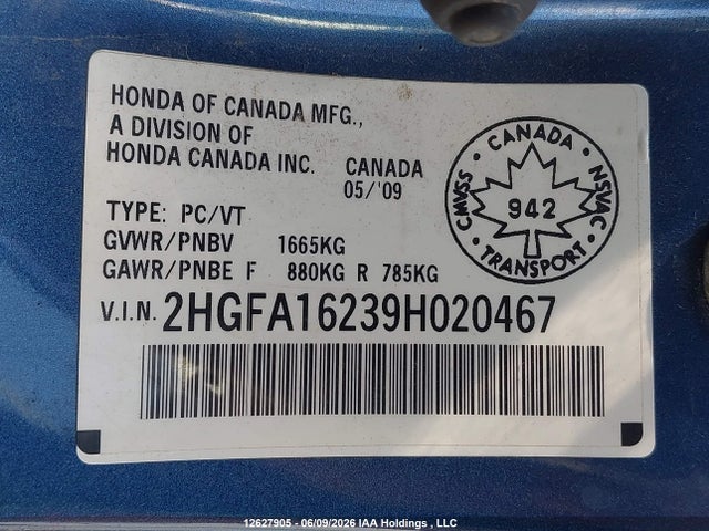 Продаж на аукціоні авто 2009 Honda Civic Dx/dx-a, vin: 2HGFA16239H020467, номер лоту: 12627905