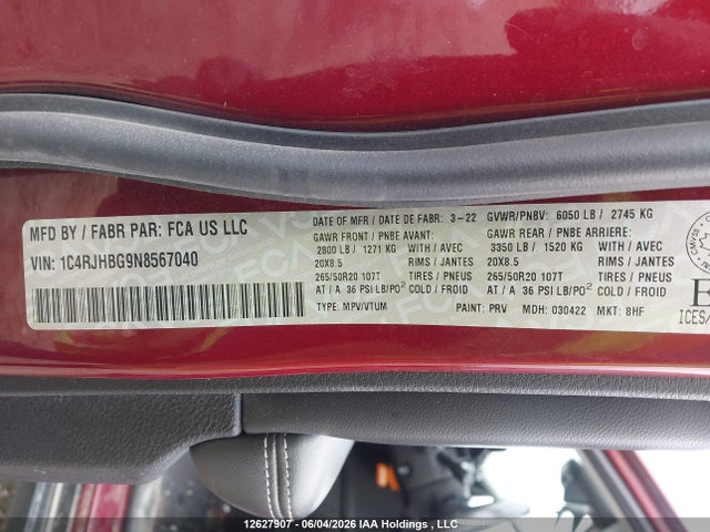 12627907 :رقم المزاد ، 1C4RJHBG9N8567040 vin ، 2022 Jeep Grand Cherokee Limited مزاد بيع