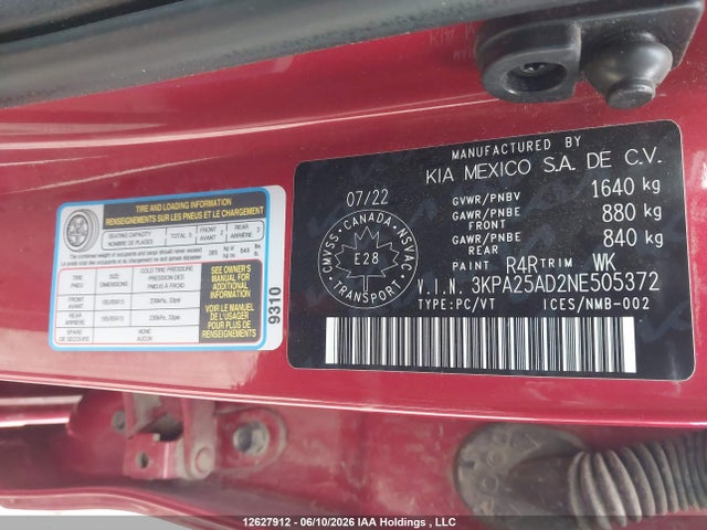 Aukcja sprzedaży 2022 Kia Rio Lx Premium/lx+, vin: 3KPA25AD2NE505372, numer aukcji: 12627912