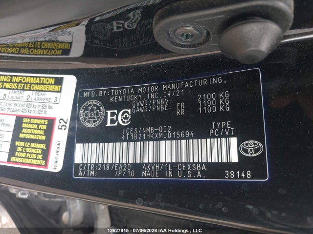 2021 Toyota Camry Hybrid Se მანქანა იყიდება აუქციონზე, vin: 4T1B21HKXMU015694, აუქციონის ნომერი: 12627915