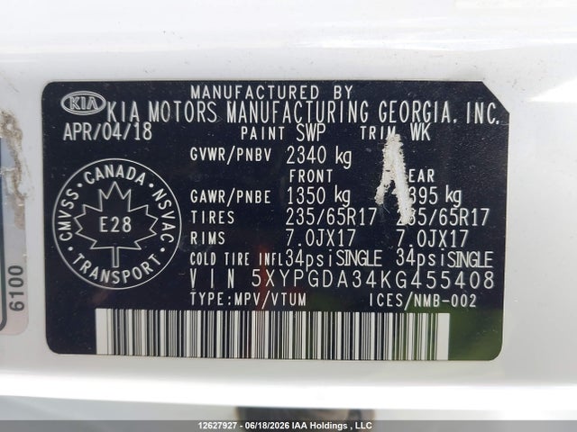 Продажа на аукционе авто 2019 Kia Sorento 2.4l Lx, vin: 5XYPGDA34KG455408, номер лота: 12627927