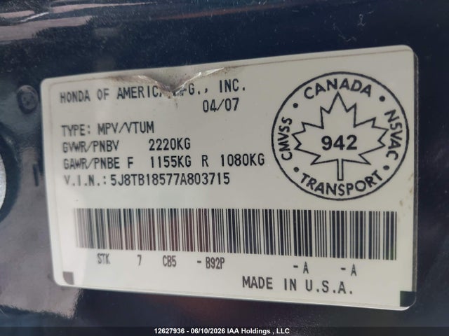 12627936 :رقم المزاد ، 5J8TB18577A803715 vin ، 2007 Acura Rdx مزاد بيع