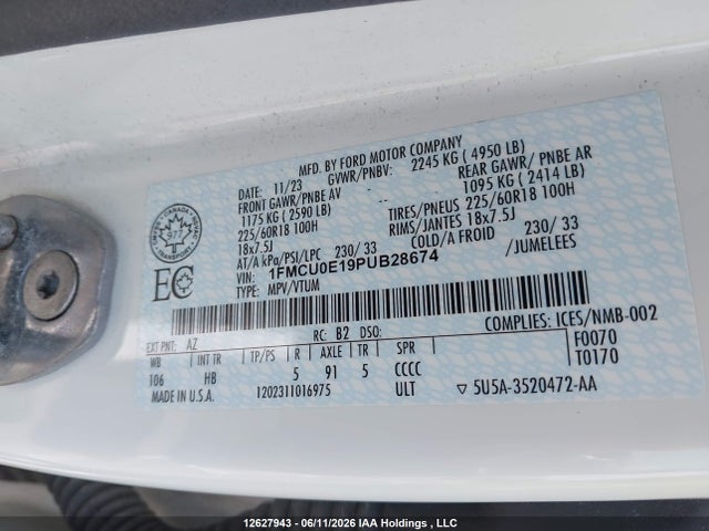 12627943 :رقم المزاد ، 1FMCU0E19PUB28674 vin ، 2023 Ford Escape Phev مزاد بيع