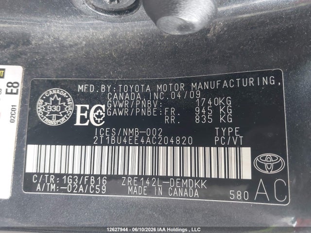 2010 Toyota Corolla Ce მანქანა იყიდება აუქციონზე, vin: 2T1BU4EE4AC204820, აუქციონის ნომერი: 12627944