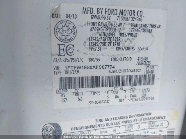 12627972 :رقم المزاد ، 1FTFW1E80AFC07774 vin ، 2010 Ford F-150 Xlt مزاد بيع