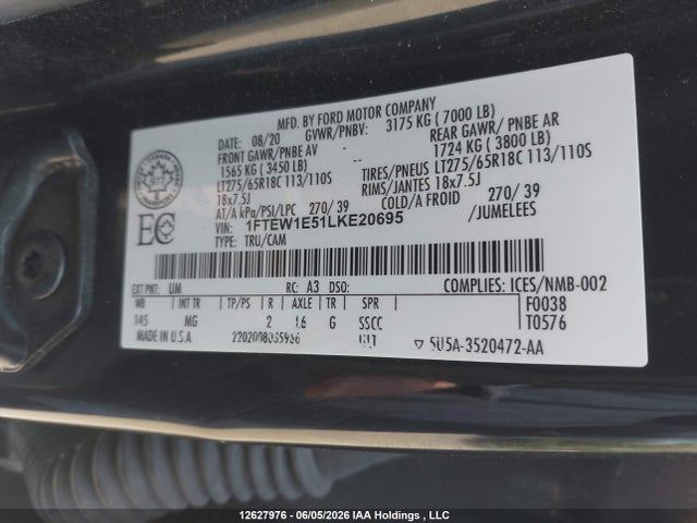Продажа на аукционе авто 2020 Ford F-150 Xlt, vin: 1FTEW1E51LKE20695, номер лота: 12627976