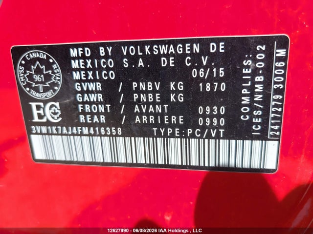 2015 Volkswagen Jetta 2.0l Trendline/2.0l Trendline+ მანქანა იყიდება აუქციონზე, vin: 3VW1K7AJ4FM416358, აუქციონის ნომერი: 12627990