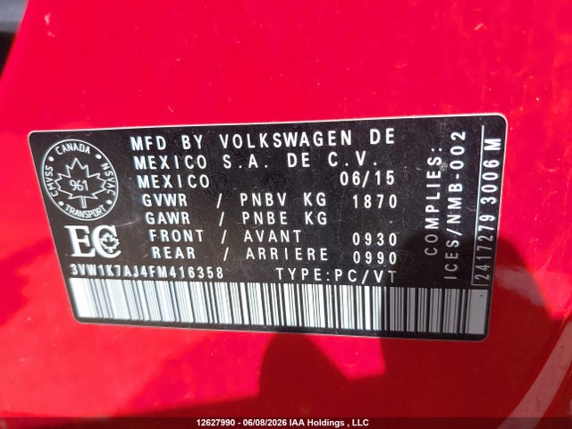 2015 Volkswagen Jetta 2.0l Trendline/2.0l Trendline+ მანქანა იყიდება აუქციონზე, vin: 3VW1K7AJ4FM416358, აუქციონის ნომერი: 12627990