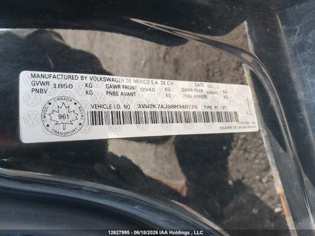 2011 Volkswagen Jetta მანქანა იყიდება აუქციონზე, vin: 3VW2K7AJ8BM348726, აუქციონის ნომერი: 12627995