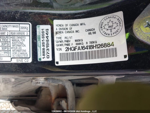 2008 Honda Civic Dx-g მანქანა იყიდება აუქციონზე, vin: 2HGFA16418H126884, აუქციონის ნომერი: 12628002
