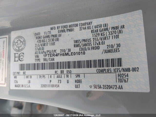 Продажа на аукционе авто 2021 Ford Ranger Xl/xlt/lariat, vin: 1FTER4FH6MLE01010, номер лота: 12628007