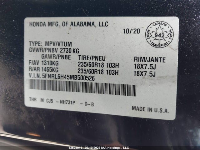 2021 Honda Odyssey მანქანა იყიდება აუქციონზე, vin: 5FNRL6H45MB500526, აუქციონის ნომერი: 12628013