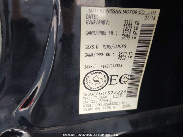 2018 Nissan Titan Platinum/pro-4x/s/sl Midnight Edition/sv/sv Midnight Edition მანქანა იყიდება აუქციონზე, vin: 1N6AA1E58JN522226, აუქციონის ნომერი: 12628023