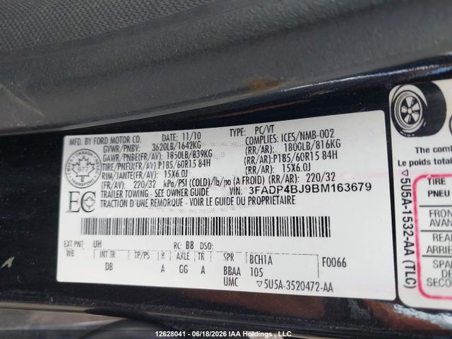 2011 Ford Fiesta მანქანა იყიდება აუქციონზე, vin: 3FADP4BJ9BM163679, აუქციონის ნომერი: 12628041