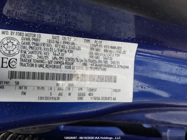 2012 Ford Focus Sel მანქანა იყიდება აუქციონზე, vin: 1FAHP3H28CL376296, აუქციონის ნომერი: 12628057