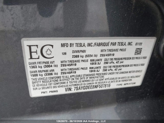 Tesla Model Y Long Range 2022 7SAYGDEE8NF507816 Image 9