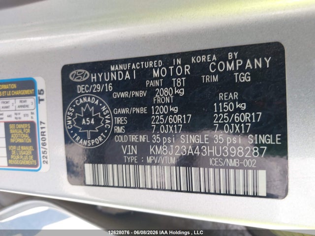 2017 Hyundai Tucson მანქანა იყიდება აუქციონზე, vin: KM8J23A43HU398287, აუქციონის ნომერი: 12628076