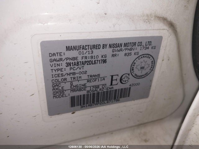12606130 :رقم المزاد ، 3N1AB7AP2DL671796 vin ، 2013 Nissan Sentra 1.8 S/1.8 Sv مزاد بيع