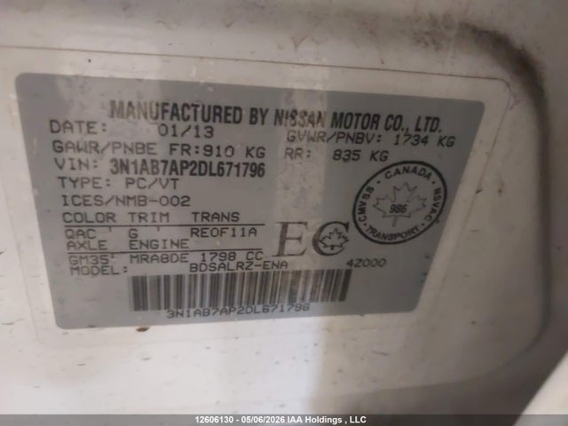 12606130 :رقم المزاد ، 3N1AB7AP2DL671796 vin ، 2013 Nissan Sentra 1.8 S/1.8 Sv مزاد بيع