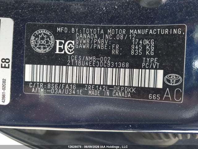 12628078 :رقم المزاد ، 2T1BU4EE3DC931368 vin ، 2013 Toyota Corolla مزاد بيع