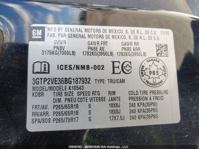 Aukcja sprzedaży 2011 Gmc Sierra K1500 Sle, vin: 3GTP2VE36BG187932, numer aukcji: 12628102