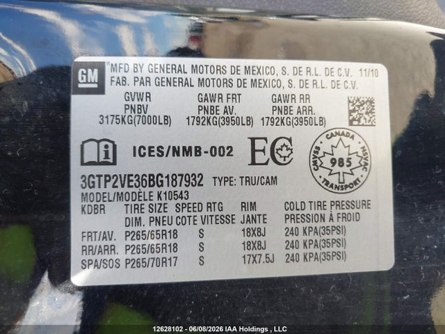 Aukcja sprzedaży 2011 Gmc Sierra K1500 Sle, vin: 3GTP2VE36BG187932, numer aukcji: 12628102