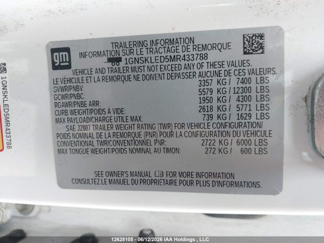 Aukcja sprzedaży 2021 Chevrolet Tahoe K1500, vin: 1GNSKLED5MR433788, numer aukcji: 12628105