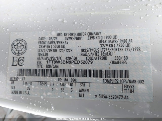 2023 Ford F350 Super Duty მანქანა იყიდება აუქციონზე, vin: 1FT8W3BN9PED52079, აუქციონის ნომერი: 12628110