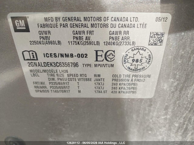 Aukcja sprzedaży 2012 Chevrolet Equinox Lt, vin: 2GNALDEK3C6356796, numer aukcji: 12628112