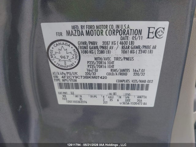 Продаж на аукціоні авто 2011 Mazda Tribute Gx I4, vin: 4F2CY9C73BKM07420, номер лоту: 12611794