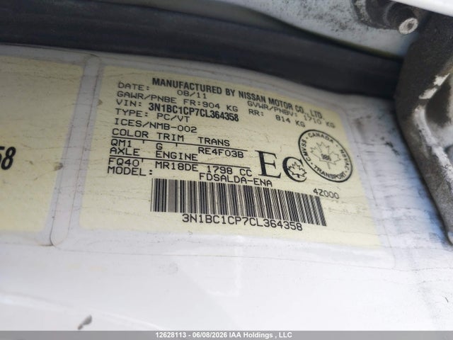 Продаж на аукціоні авто 2012 Nissan Versa 1.8 S, vin: 3N1BC1CP7CL364358, номер лоту: 12628113
