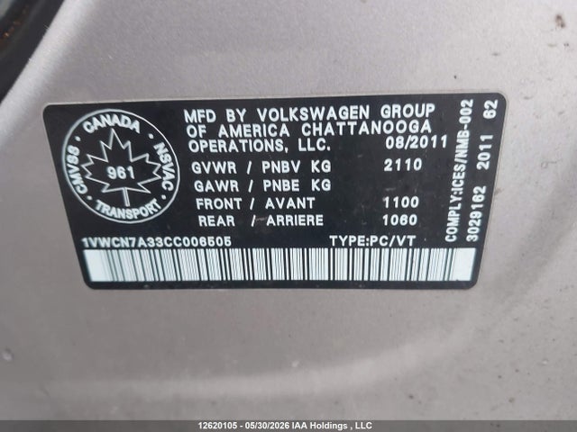 Aukcja sprzedaży 2012 Volkswagen Passat 2.0 Tdi Highline, vin: 1VWCN7A33CC006505, numer aukcji: 12620105