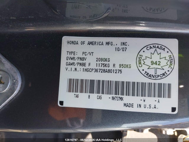 Продаж на аукціоні авто 2008 Honda Accord Ex V6, vin: 1HGCP36728A801275, номер лоту: 12616797